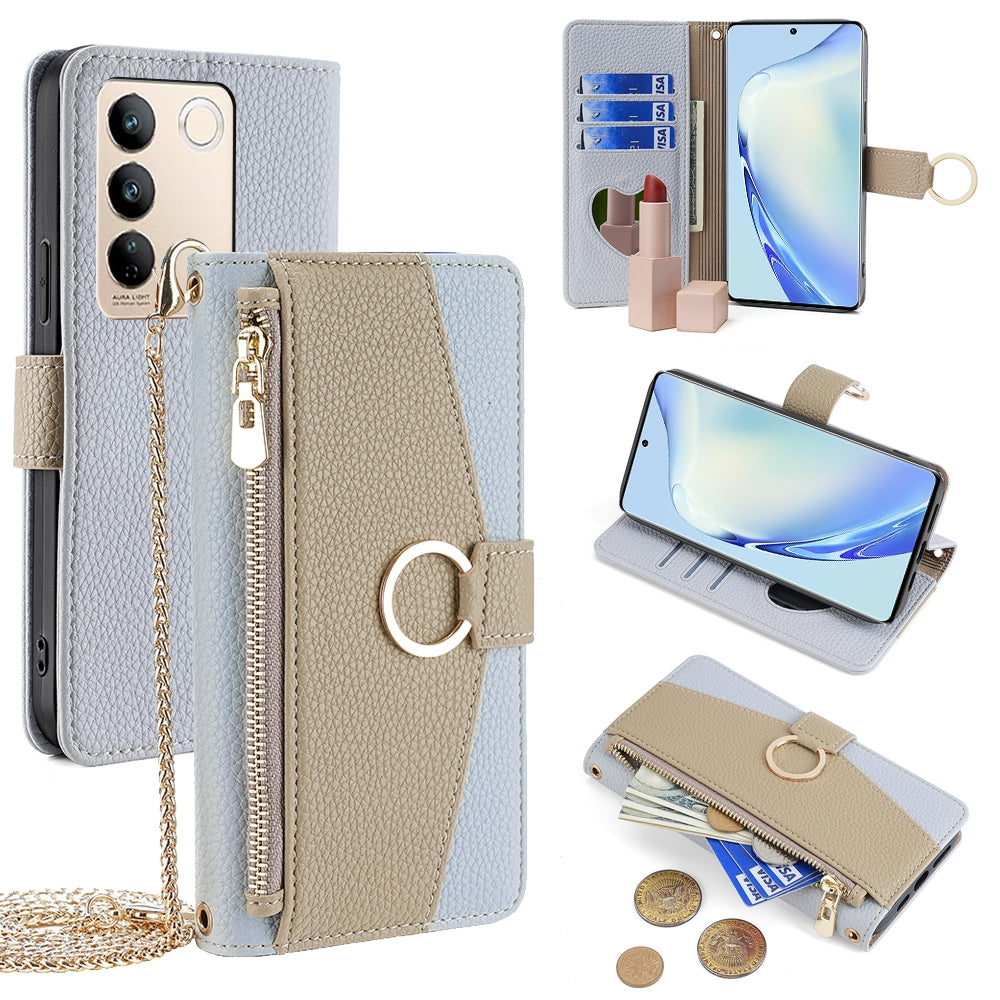 vivo S16/S16 Pro Crossbody Phone Case with Litchi Texture Leather, Adjustable Kickstand, Card Slots, Zipper Purse, Makeup Mirror, and TPU Protection