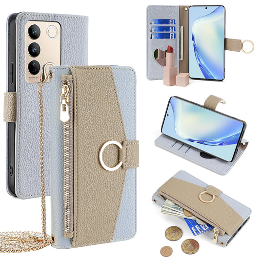vivo S16/S16 Pro Crossbody Phone Case with Litchi Texture Leather, Adjustable Kickstand, Card Slots, Zipper Purse, Makeup Mirror, and TPU Protection
