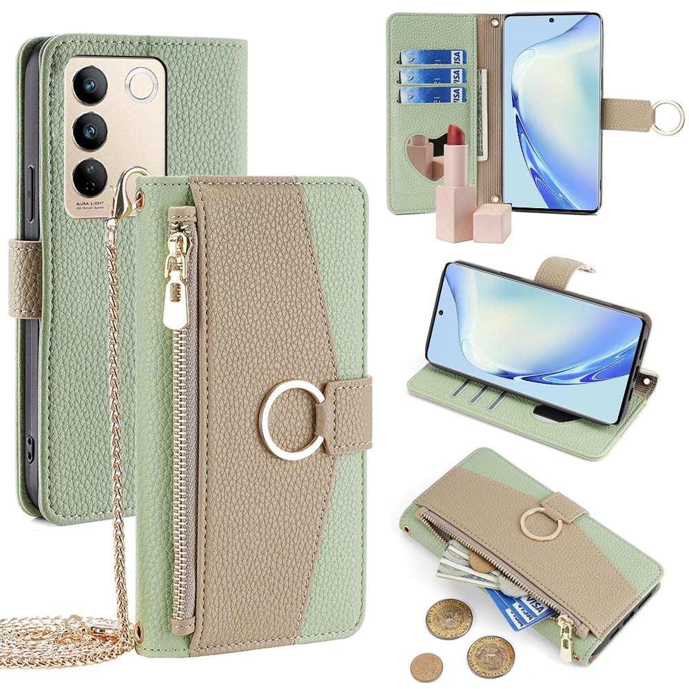 vivo S16/S16 Pro Crossbody Phone Case with Litchi Texture Leather, Adjustable Kickstand, Card Slots, Zipper Purse, Makeup Mirror, and TPU Protection