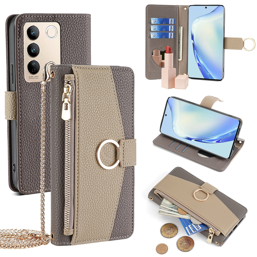 vivo S16/S16 Pro Crossbody Phone Case with Litchi Texture Leather, Adjustable Kickstand, Card Slots, Zipper Purse, Makeup Mirror, and TPU Protection