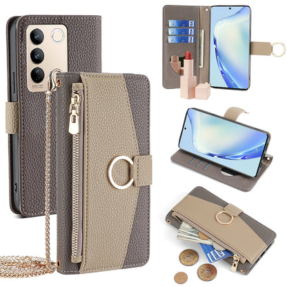 vivo S16/S16 Pro Crossbody Phone Case with Litchi Texture Leather, Adjustable Kickstand, Card Slots, Zipper Purse, Makeup Mirror, and TPU Protection
