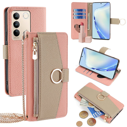 vivo S16/S16 Pro Crossbody Phone Case with Litchi Texture Leather, Adjustable Kickstand, Card Slots, Zipper Purse, Makeup Mirror, and TPU Protection