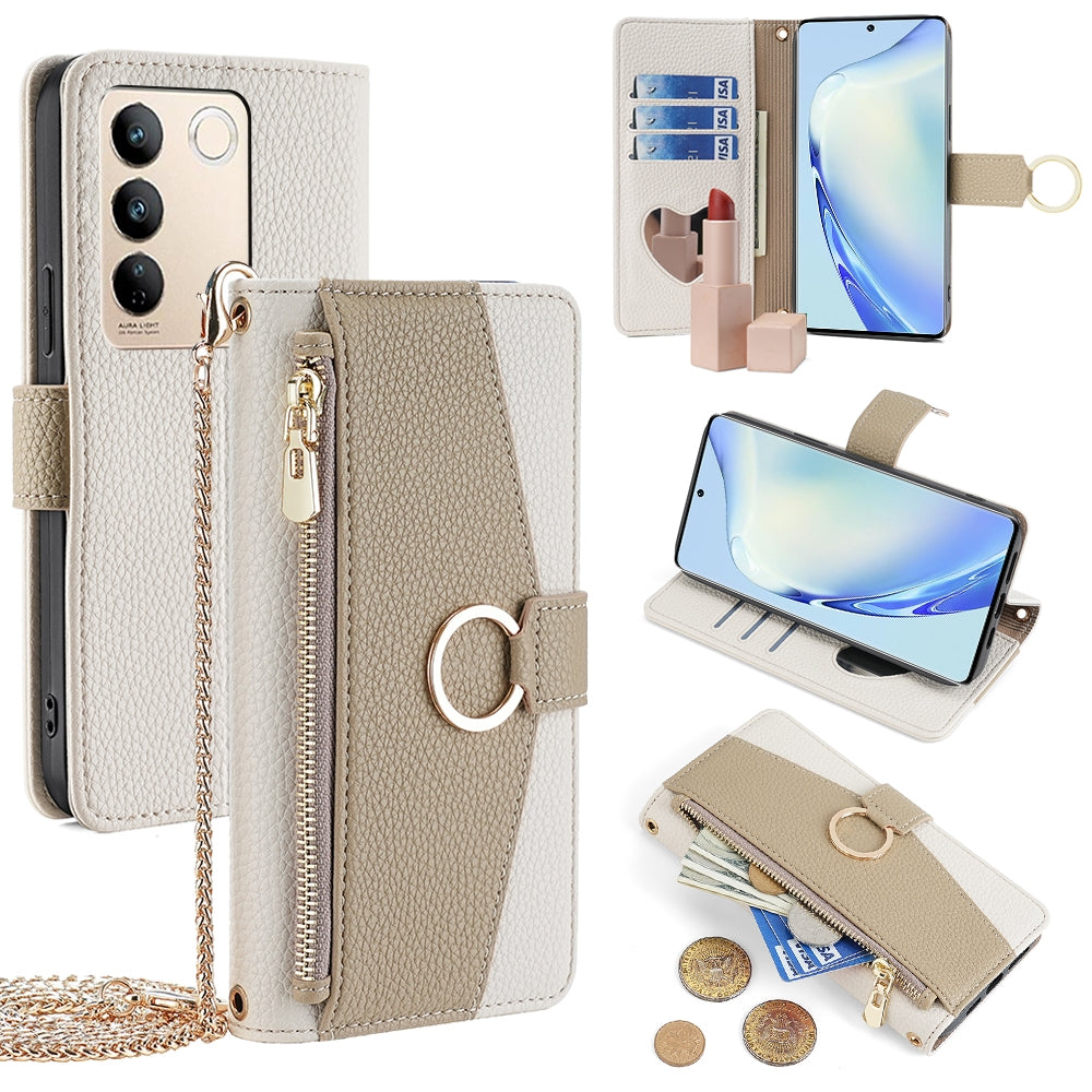 vivo S16/S16 Pro Crossbody Phone Case with Litchi Texture Leather, Adjustable Kickstand, Card Slots, Zipper Purse, Makeup Mirror, and TPU Protection