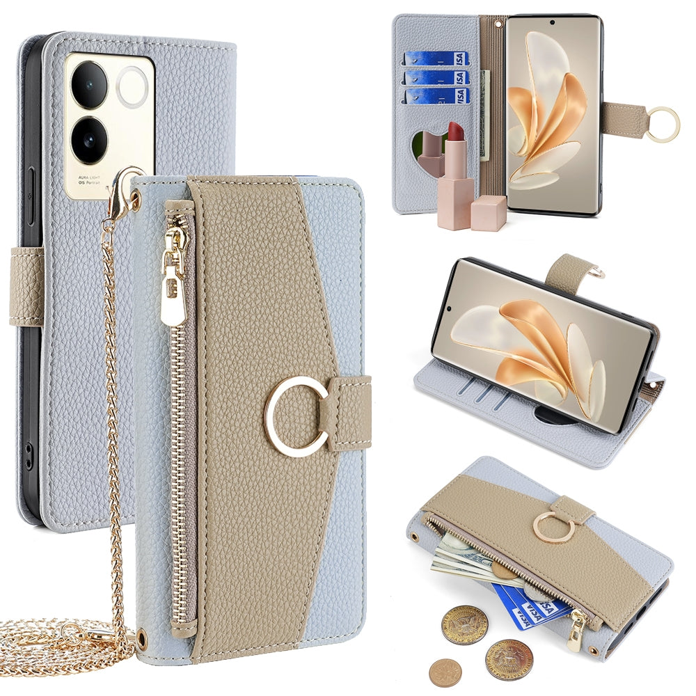 vivo S17e 5G Crossbody Phone Case with Litchi Texture Leather, Adjustable Kickstand, Card Slots, Zipper Purse, Makeup Mirror, and TPU Protection