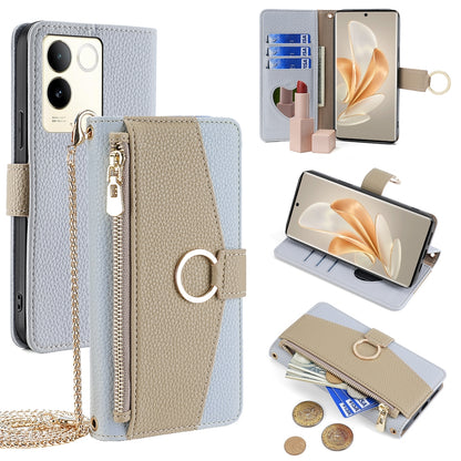vivo S17e 5G Crossbody Phone Case with Litchi Texture Leather, Adjustable Kickstand, Card Slots, Zipper Purse, Makeup Mirror, and TPU Protection