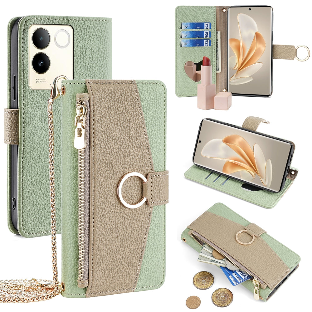 vivo S17e 5G Crossbody Phone Case with Litchi Texture Leather, Adjustable Kickstand, Card Slots, Zipper Purse, Makeup Mirror, and TPU Protection