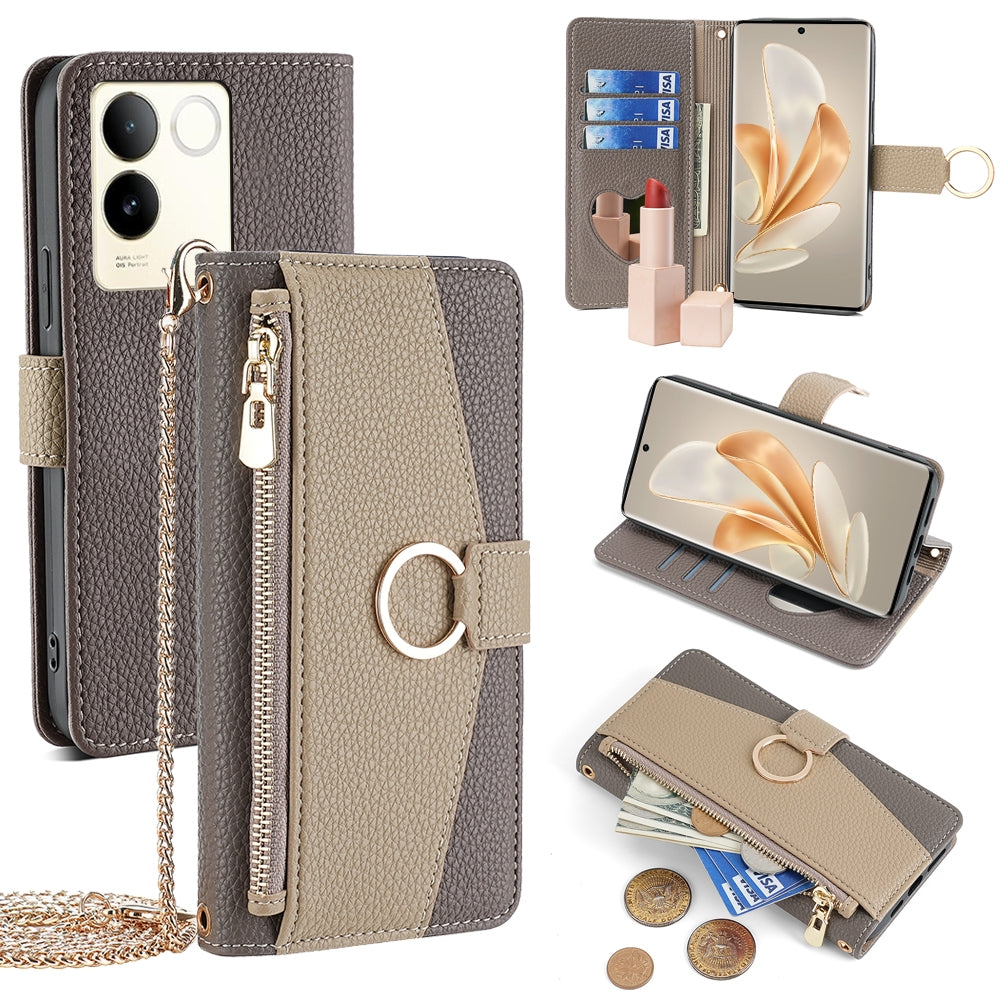 vivo S17e 5G Crossbody Phone Case with Litchi Texture Leather, Adjustable Kickstand, Card Slots, Zipper Purse, Makeup Mirror, and TPU Protection