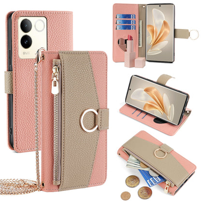 vivo S17e 5G Crossbody Phone Case with Litchi Texture Leather, Adjustable Kickstand, Card Slots, Zipper Purse, Makeup Mirror, and TPU Protection