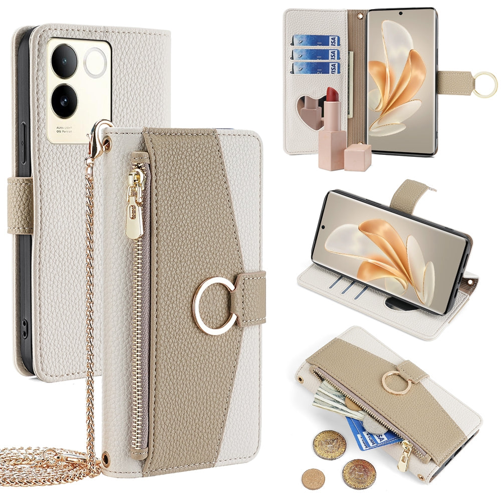 vivo S17e 5G Crossbody Phone Case with Litchi Texture Leather, Adjustable Kickstand, Card Slots, Zipper Purse, Makeup Mirror, and TPU Protection