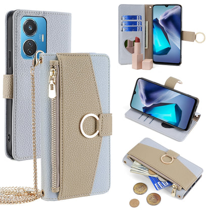 vivo T1 4G 44W Crossbody Phone Case with Litchi Texture Leather, Adjustable Kickstand, Card Slots, Zipper Purse, Makeup Mirror, and TPU Protection