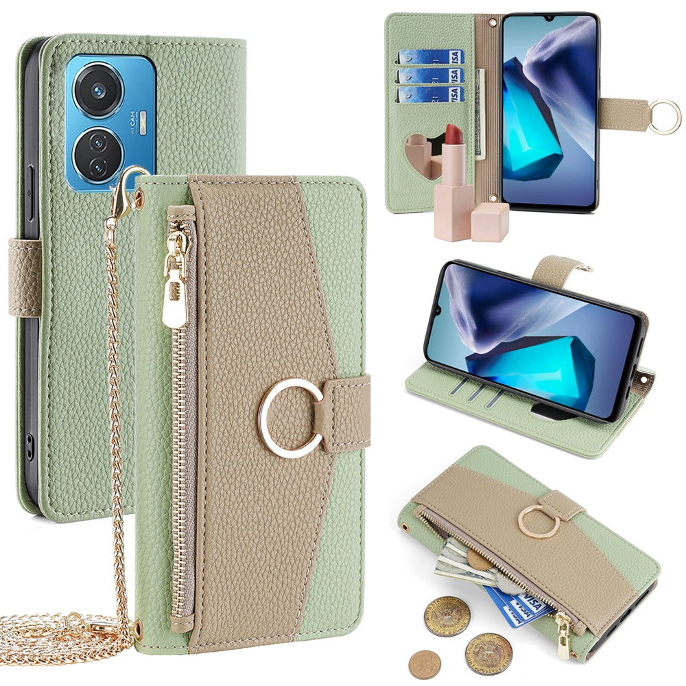vivo iQOO Z6 44W Crossbody Phone Case with Litchi Texture Leather, Adjustable Kickstand, Card Slots, Zipper Purse, Makeup Mirror, and TPU Protection