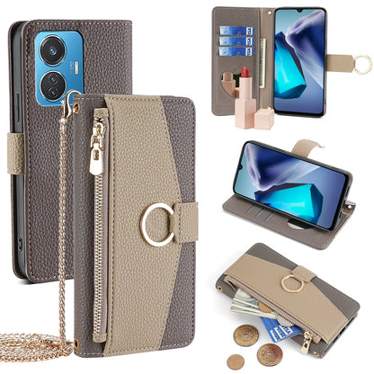 vivo iQOO Z6 44W Crossbody Phone Case with Litchi Texture Leather, Adjustable Kickstand, Card Slots, Zipper Purse, Makeup Mirror, and TPU Protection