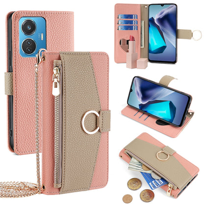 vivo T1 4G 44W Crossbody Phone Case with Litchi Texture Leather, Adjustable Kickstand, Card Slots, Zipper Purse, Makeup Mirror, and TPU Protection