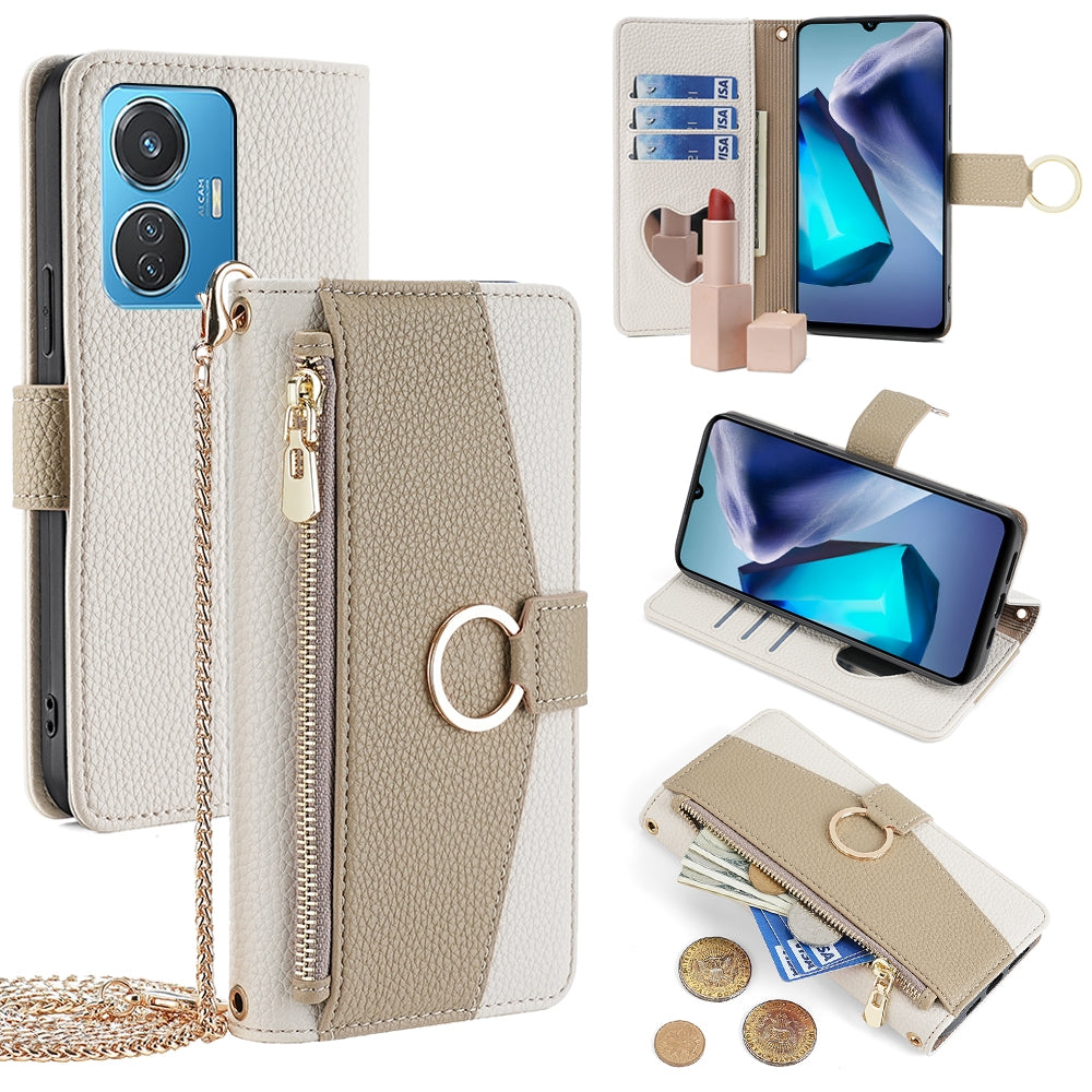 vivo iQOO Z6 44W Crossbody Phone Case with Litchi Texture Leather, Adjustable Kickstand, Card Slots, Zipper Purse, Makeup Mirror, and TPU Protection