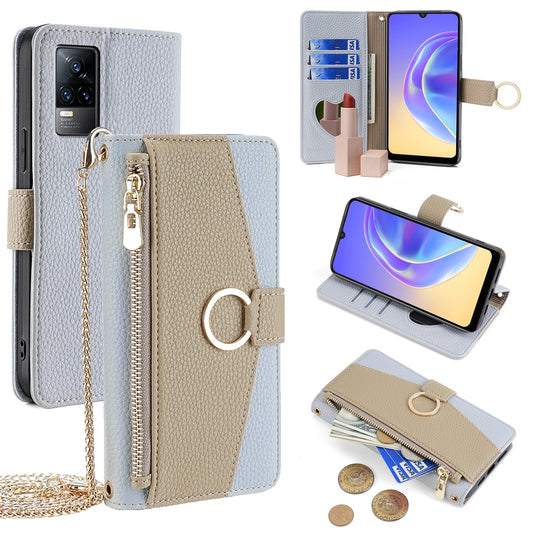 vivo V21e 4G Crossbody Phone Case with Litchi Texture Leather, Adjustable Kickstand, Card Slots, Zipper Purse, Makeup Mirror, and TPU Protection