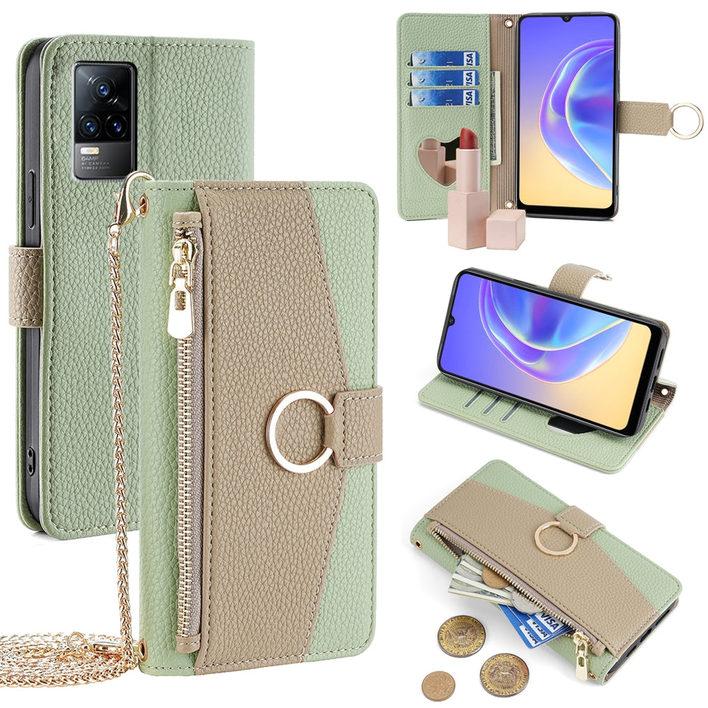 For vivo Y73 2021 Crossbody Phone Case with Litchi Texture Leather, Adjustable Kickstand, Card Slots, Zipper Purse, Makeup Mirror, and TPU Protection