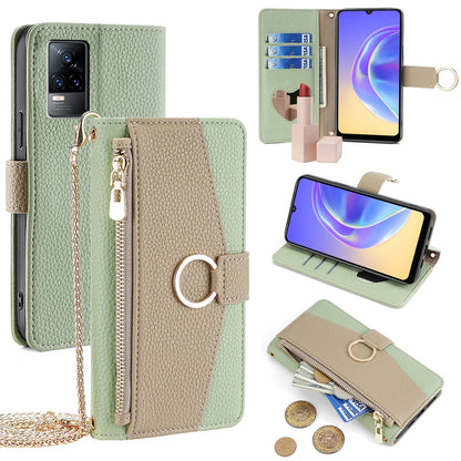 For vivo Y73 2021 Crossbody Phone Case with Litchi Texture Leather, Adjustable Kickstand, Card Slots, Zipper Purse, Makeup Mirror, and TPU Protection