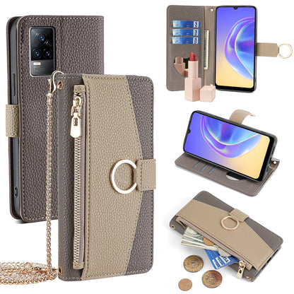 vivo V21e 4G Crossbody Phone Case with Litchi Texture Leather, Adjustable Kickstand, Card Slots, Zipper Purse, Makeup Mirror, and TPU Protection