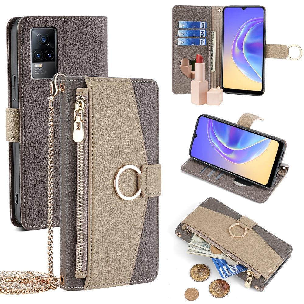 For vivo Y73 2021 Crossbody Phone Case with Litchi Texture Leather, Adjustable Kickstand, Card Slots, Zipper Purse, Makeup Mirror, and TPU Protection