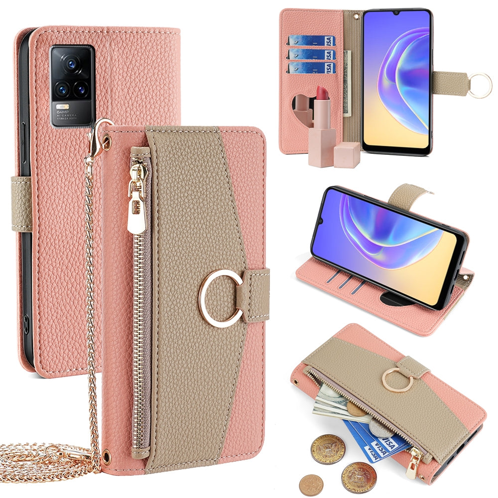 vivo V21e 4G Crossbody Phone Case with Litchi Texture Leather, Adjustable Kickstand, Card Slots, Zipper Purse, Makeup Mirror, and TPU Protection