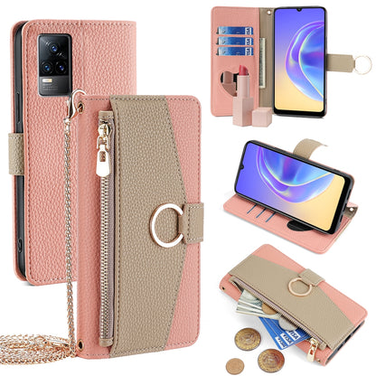 vivo V21e 4G Crossbody Phone Case with Litchi Texture Leather, Adjustable Kickstand, Card Slots, Zipper Purse, Makeup Mirror, and TPU Protection