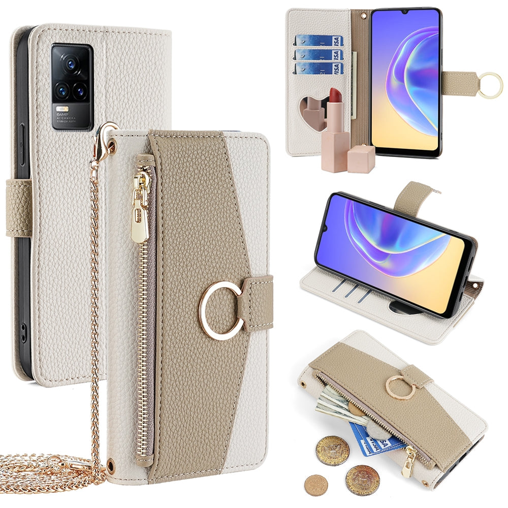 For vivo Y73 2021 Crossbody Phone Case with Litchi Texture Leather, Adjustable Kickstand, Card Slots, Zipper Purse, Makeup Mirror, and TPU Protection