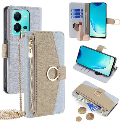 vivo V25 5G/V25e 5G Crossbody Phone Case with Litchi Texture Leather, Adjustable Kickstand, Card Slots, Zipper Purse, Makeup Mirror, and TPU Protection