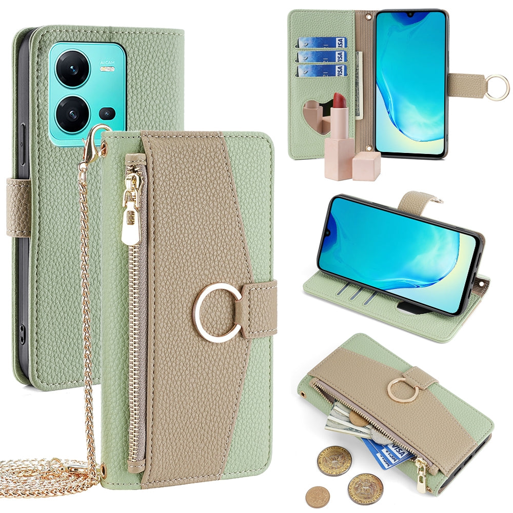 vivo V25 5G/V25e 5G Crossbody Phone Case with Litchi Texture Leather, Adjustable Kickstand, Card Slots, Zipper Purse, Makeup Mirror, and TPU Protection