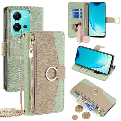 vivo V25 5G/V25e 5G Crossbody Phone Case with Litchi Texture Leather, Adjustable Kickstand, Card Slots, Zipper Purse, Makeup Mirror, and TPU Protection