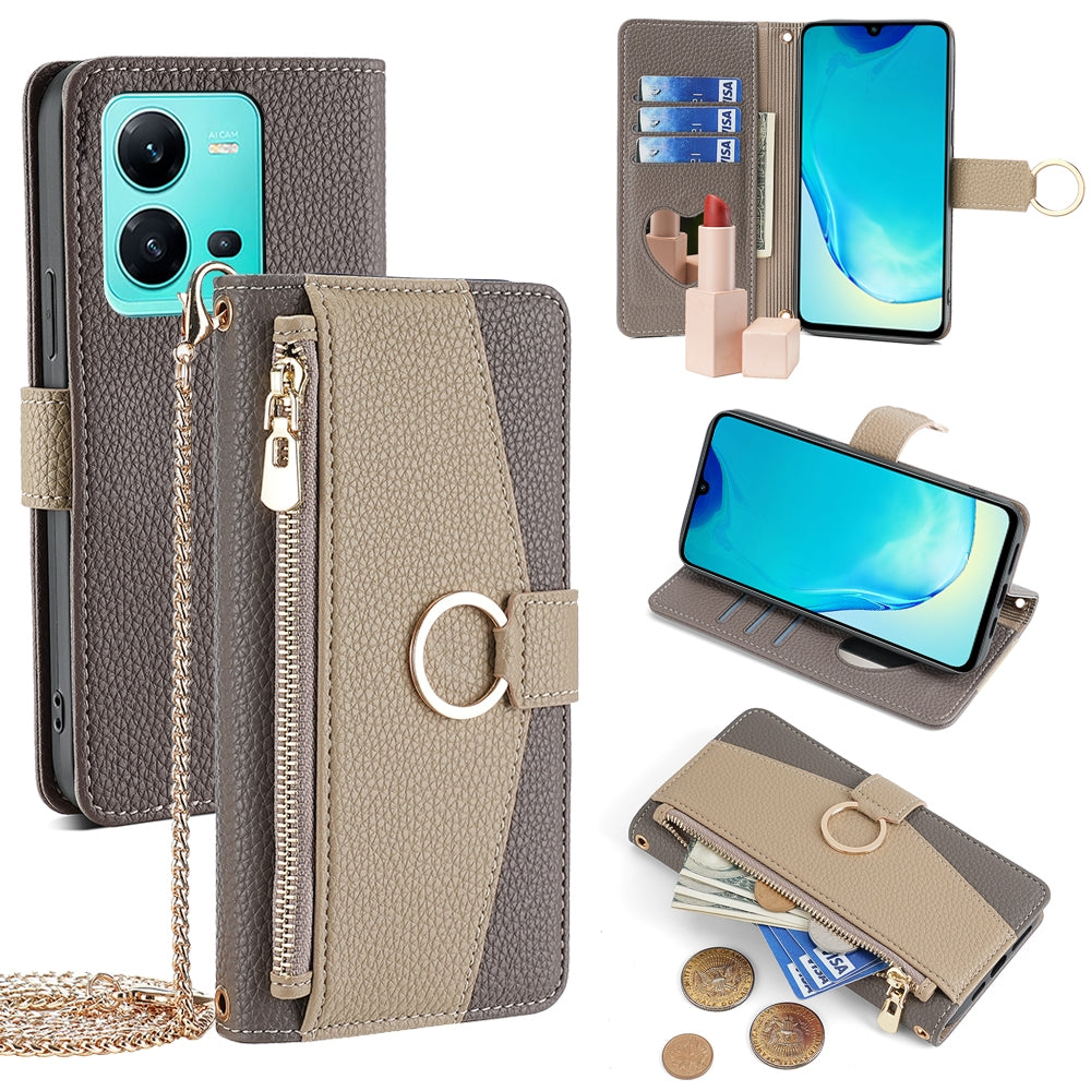 vivo V25 5G/V25e 5G Crossbody Phone Case with Litchi Texture Leather, Adjustable Kickstand, Card Slots, Zipper Purse, Makeup Mirror, and TPU Protection