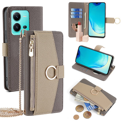 vivo V25 5G/V25e 5G Crossbody Phone Case with Litchi Texture Leather, Adjustable Kickstand, Card Slots, Zipper Purse, Makeup Mirror, and TPU Protection