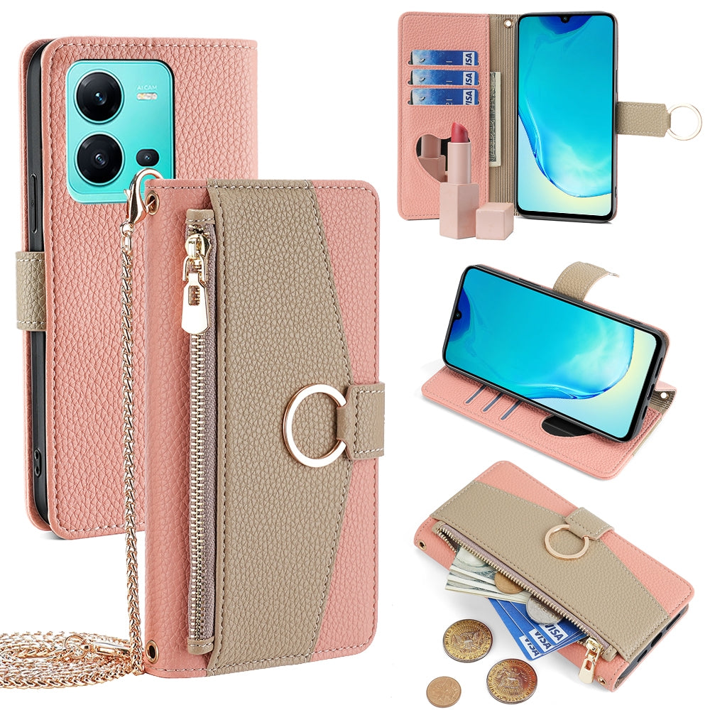 vivo V25 5G/V25e 5G Crossbody Phone Case with Litchi Texture Leather, Adjustable Kickstand, Card Slots, Zipper Purse, Makeup Mirror, and TPU Protection