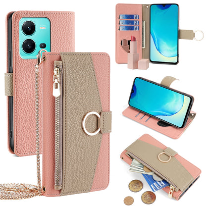 vivo V25 5G/V25e 5G Crossbody Phone Case with Litchi Texture Leather, Adjustable Kickstand, Card Slots, Zipper Purse, Makeup Mirror, and TPU Protection