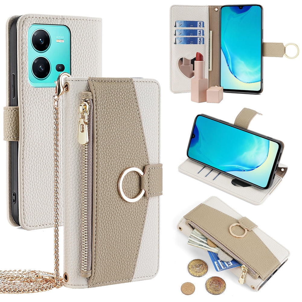 vivo V25 5G/V25e 5G Crossbody Phone Case with Litchi Texture Leather, Adjustable Kickstand, Card Slots, Zipper Purse, Makeup Mirror, and TPU Protection