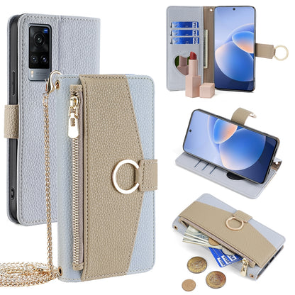 vivo X60 Crossbody Phone Case with Litchi Texture Leather, Adjustable Kickstand, Card Slots, Zipper Purse, Makeup Mirror, and TPU Protection