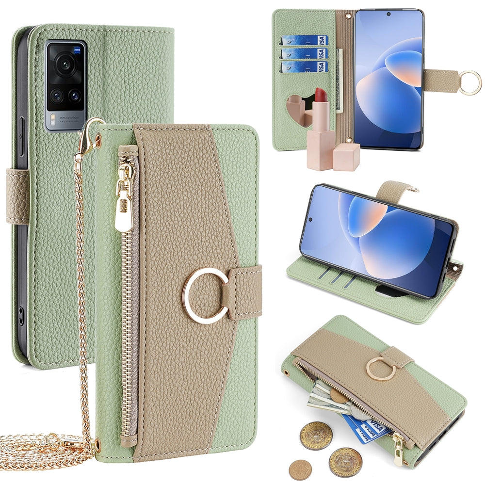 vivo X60 Crossbody Phone Case with Litchi Texture Leather, Adjustable Kickstand, Card Slots, Zipper Purse, Makeup Mirror, and TPU Protection