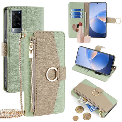 vivo X60 Crossbody Phone Case with Litchi Texture Leather, Adjustable Kickstand, Card Slots, Zipper Purse, Makeup Mirror, and TPU Protection