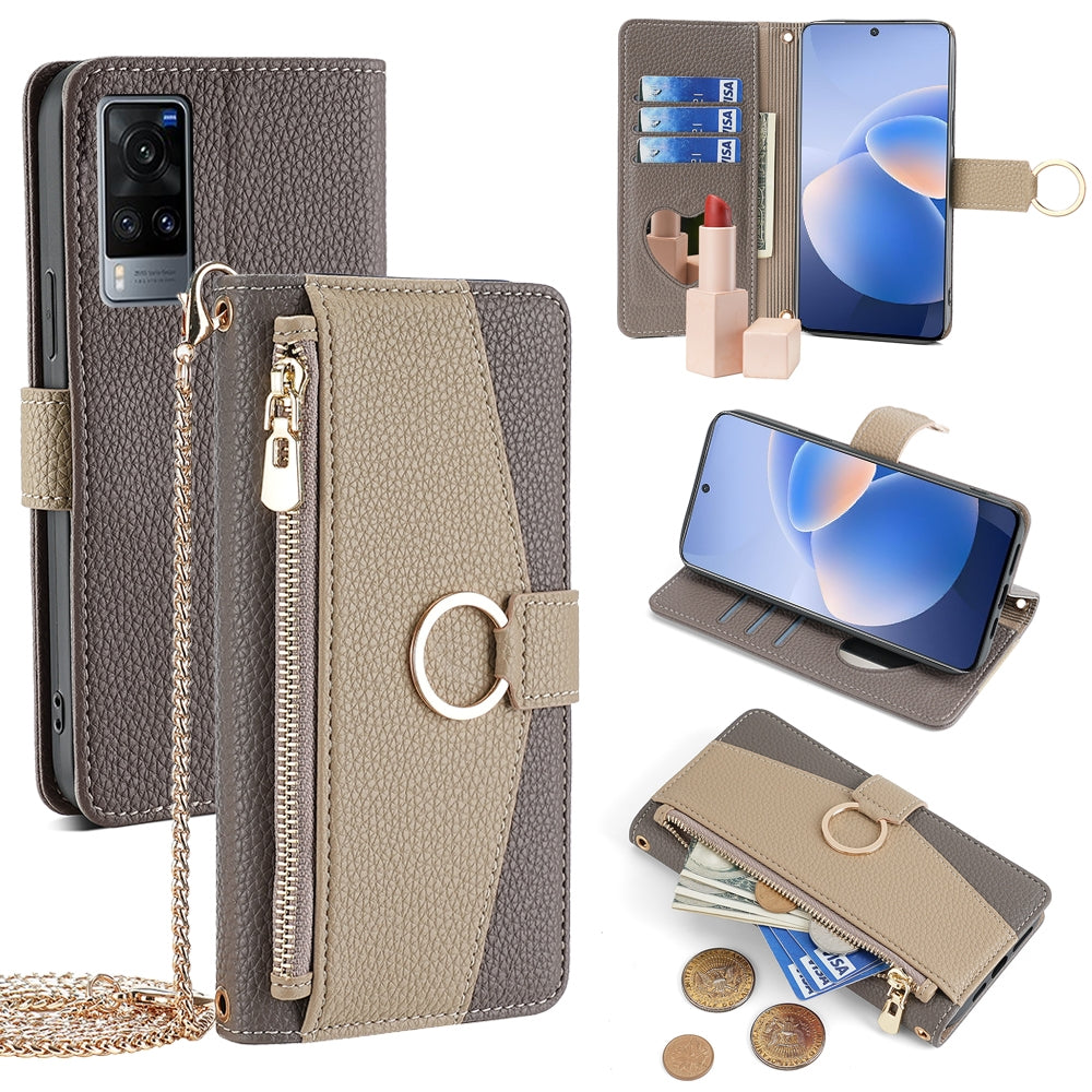 vivo X60 Crossbody Phone Case with Litchi Texture Leather, Adjustable Kickstand, Card Slots, Zipper Purse, Makeup Mirror, and TPU Protection