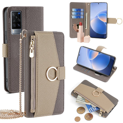 vivo X60 Crossbody Phone Case with Litchi Texture Leather, Adjustable Kickstand, Card Slots, Zipper Purse, Makeup Mirror, and TPU Protection
