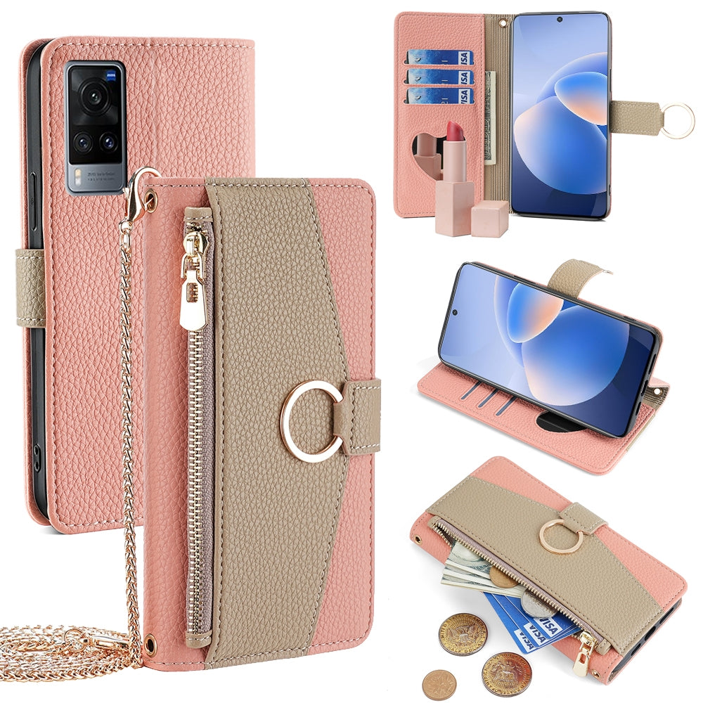 vivo X60 Crossbody Phone Case with Litchi Texture Leather, Adjustable Kickstand, Card Slots, Zipper Purse, Makeup Mirror, and TPU Protection