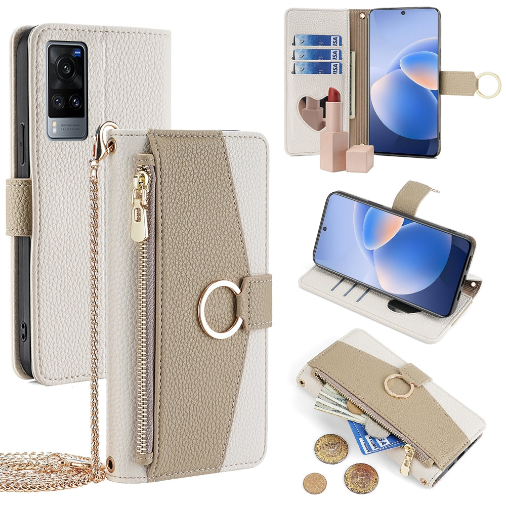 vivo X60 Crossbody Phone Case with Litchi Texture Leather, Adjustable Kickstand, Card Slots, Zipper Purse, Makeup Mirror, and TPU Protection