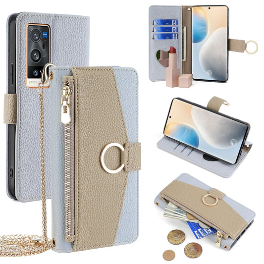 vivo X60 Pro+ Crossbody Phone Case with Litchi Texture Leather, Adjustable Kickstand, Card Slots, Zipper Purse, Makeup Mirror, and TPU Protection