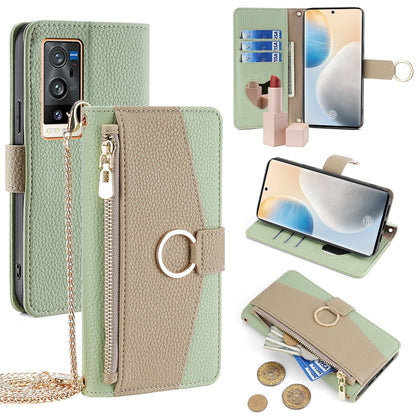 vivo X60 Pro+ Crossbody Phone Case with Litchi Texture Leather, Adjustable Kickstand, Card Slots, Zipper Purse, Makeup Mirror, and TPU Protection