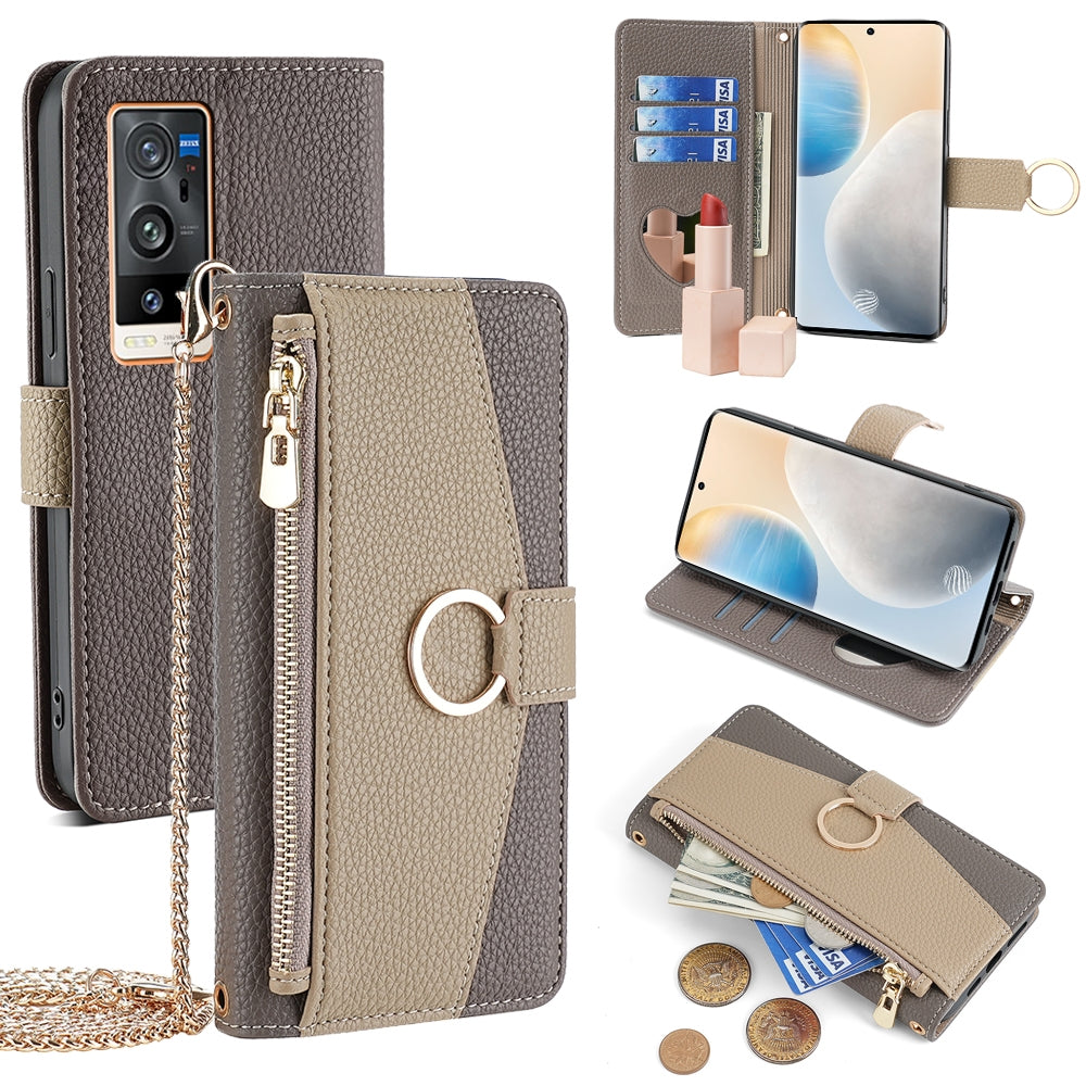 vivo X60 Pro+ Crossbody Phone Case with Litchi Texture Leather, Adjustable Kickstand, Card Slots, Zipper Purse, Makeup Mirror, and TPU Protection