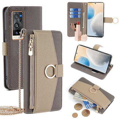 vivo X60 Pro+ Crossbody Phone Case with Litchi Texture Leather, Adjustable Kickstand, Card Slots, Zipper Purse, Makeup Mirror, and TPU Protection