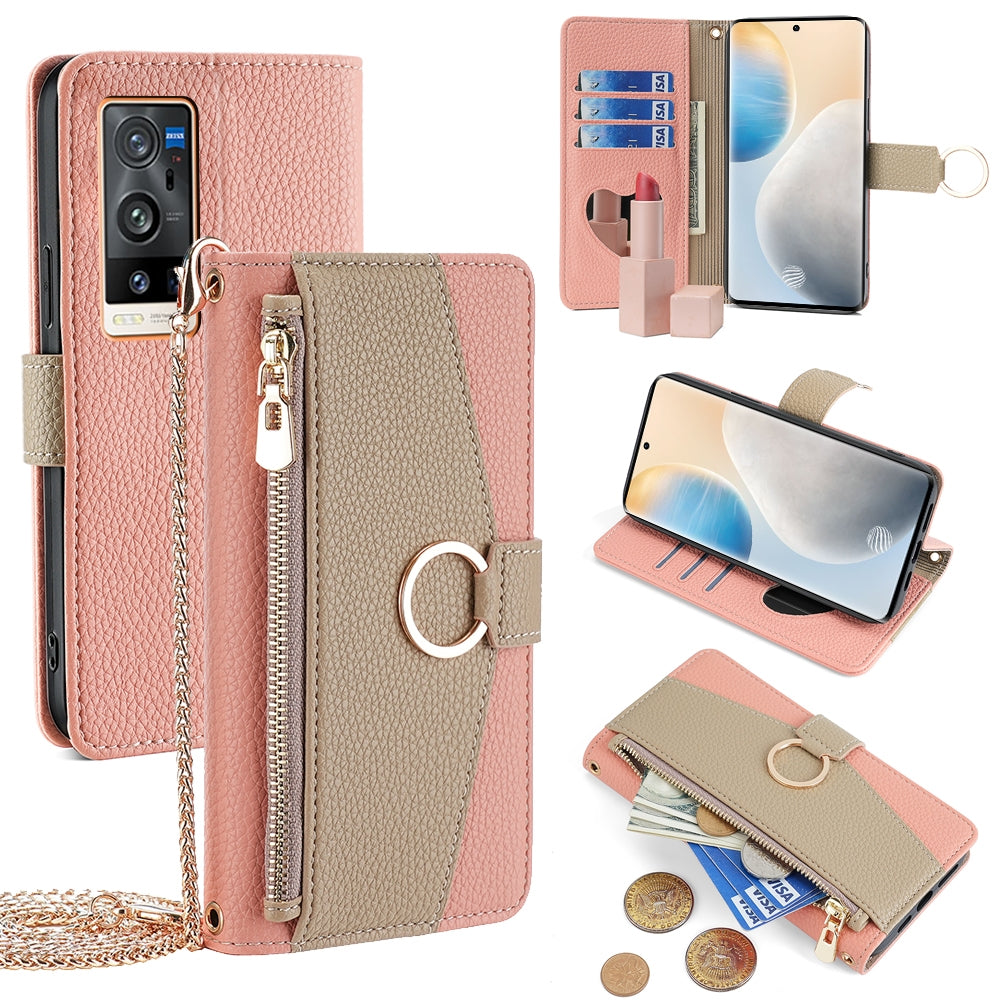 vivo X60 Pro+ Crossbody Phone Case with Litchi Texture Leather, Adjustable Kickstand, Card Slots, Zipper Purse, Makeup Mirror, and TPU Protection