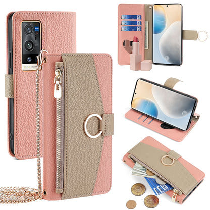 vivo X60 Pro+ Crossbody Phone Case with Litchi Texture Leather, Adjustable Kickstand, Card Slots, Zipper Purse, Makeup Mirror, and TPU Protection