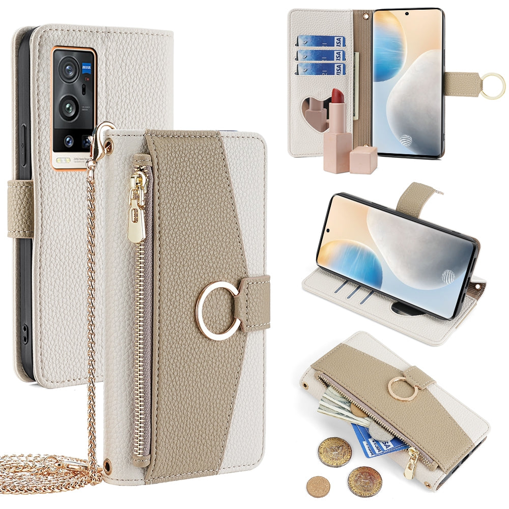 vivo X60 Pro+ Crossbody Phone Case with Litchi Texture Leather, Adjustable Kickstand, Card Slots, Zipper Purse, Makeup Mirror, and TPU Protection