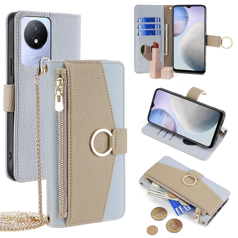 vivo Y02 4G Crossbody Phone Case with Litchi Texture Leather, Adjustable Kickstand, Card Slots, Zipper Purse, Makeup Mirror, and TPU Protection