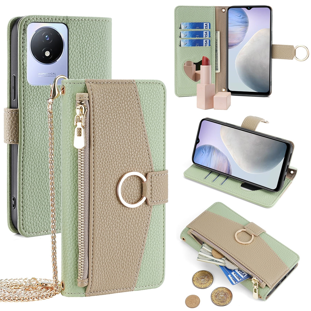 vivo Y02 4G Crossbody Phone Case with Litchi Texture Leather, Adjustable Kickstand, Card Slots, Zipper Purse, Makeup Mirror, and TPU Protection